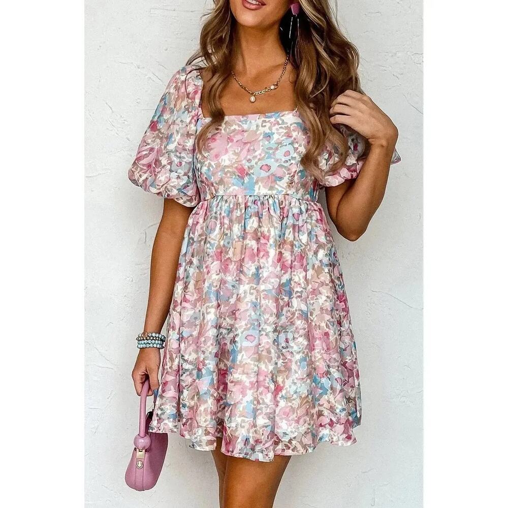 Entro | Floral Babydoll Puff Sleeve Summer Girlycore Preppy Maximalist - Picture 1 of 10